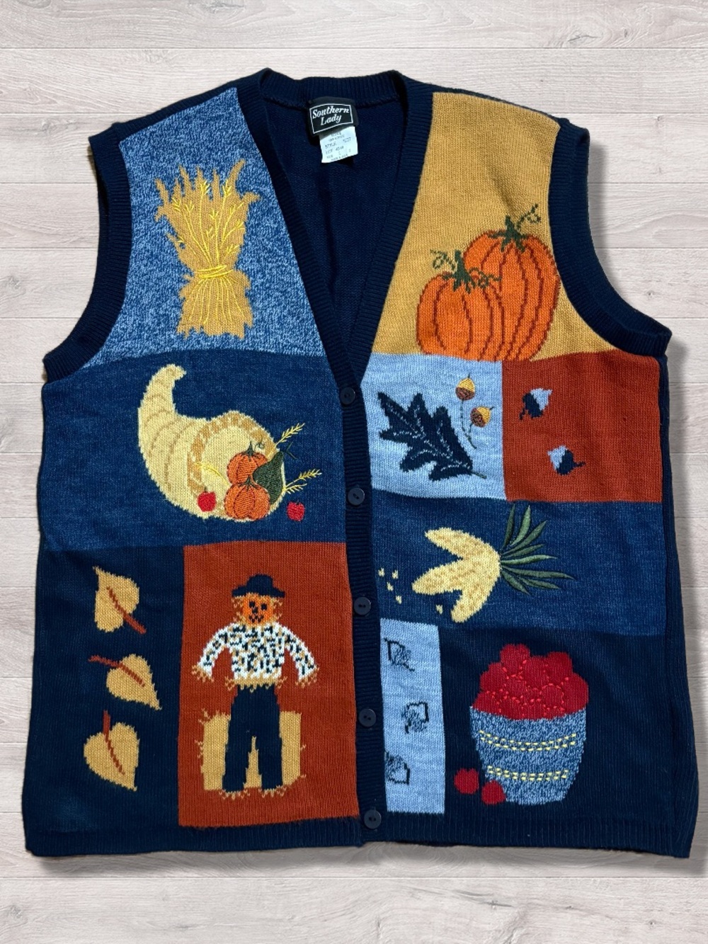 Vintage Southern Lady Fall Harvest Leaves Pumpkin Sweater Vest Large Scarecrow